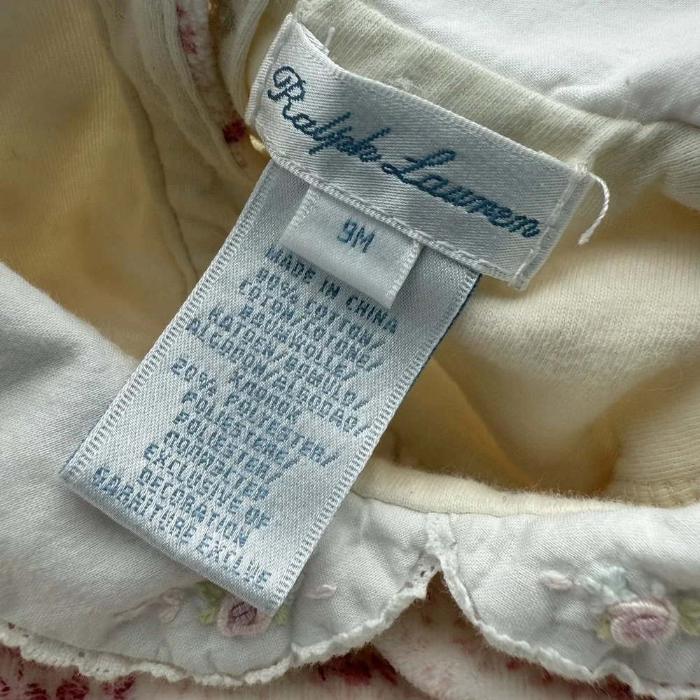 Ralph Lauren 9 Months Baby‎ Girl Pink Velvet Floral Dress Collar Soft 90% Cotton